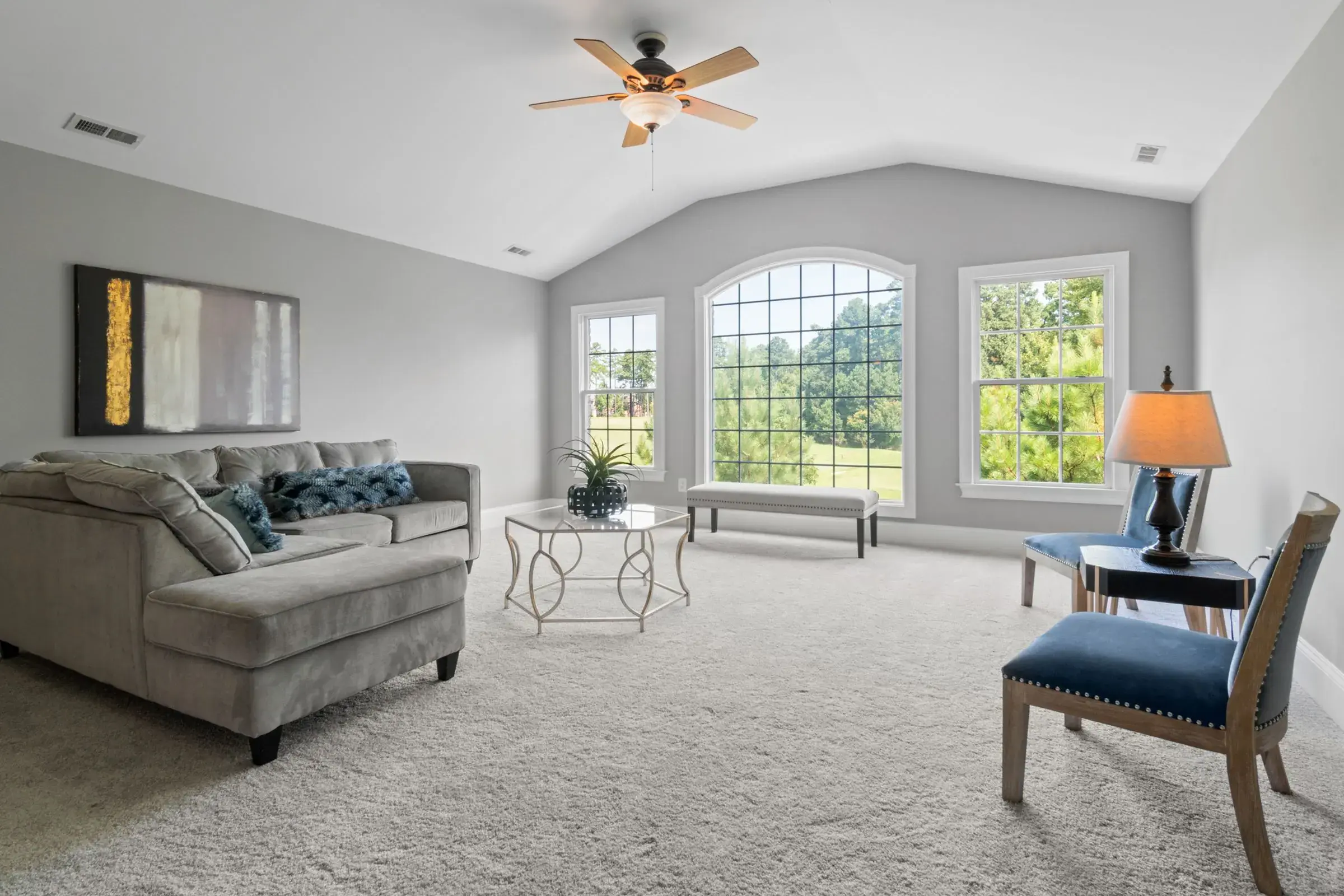Soft grey carpet in a bright living room with tall arched windows